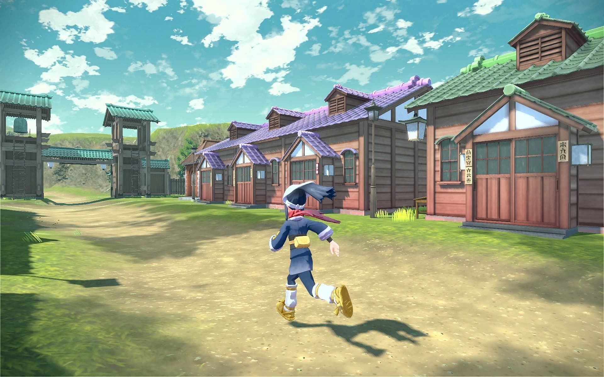 A trainer running through town in Pokemon Legends: Arceus (Image via Game Freak)