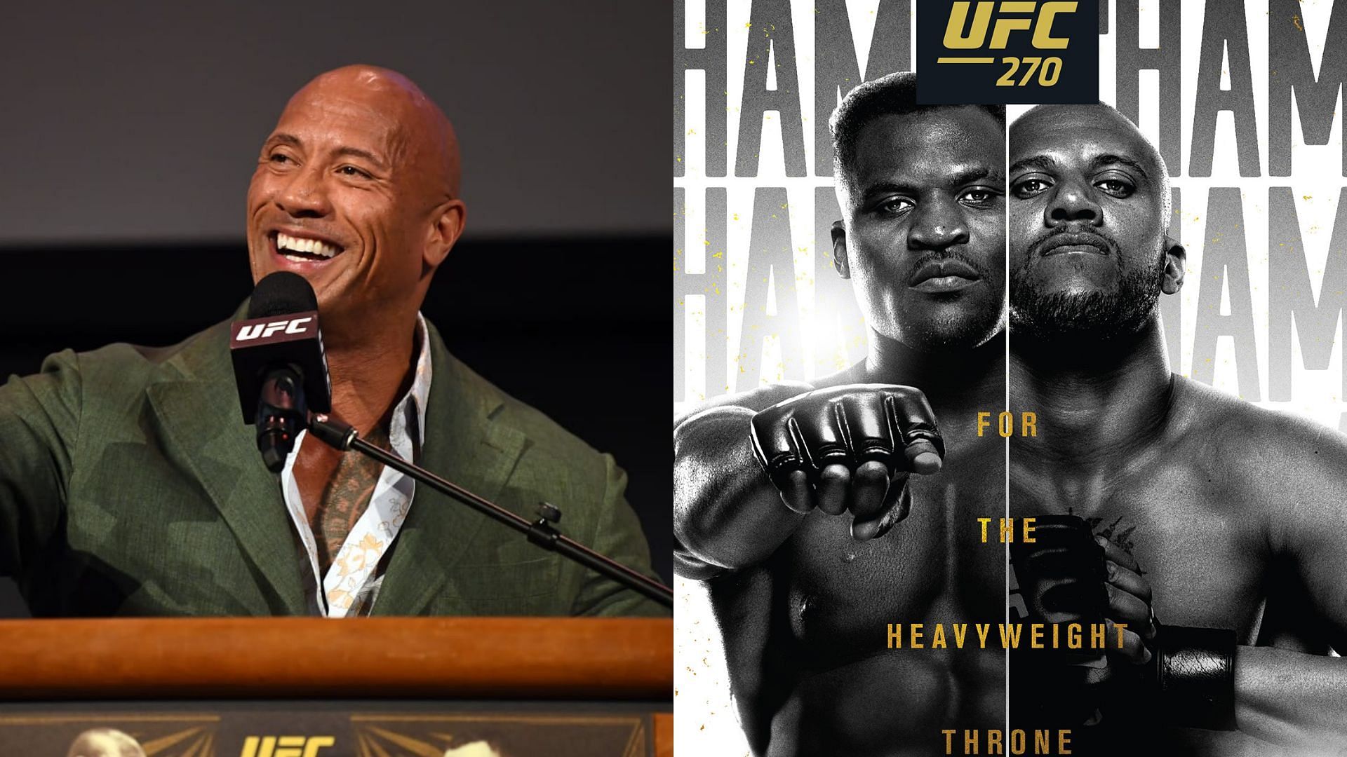 The Rock (left) and UFC 270 Ngannou vs Gane poster (right)