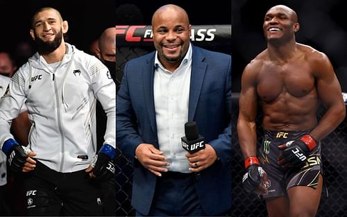 L-R: Khamzat Chimaev, Daniel Cormier, and Kamaru Usman