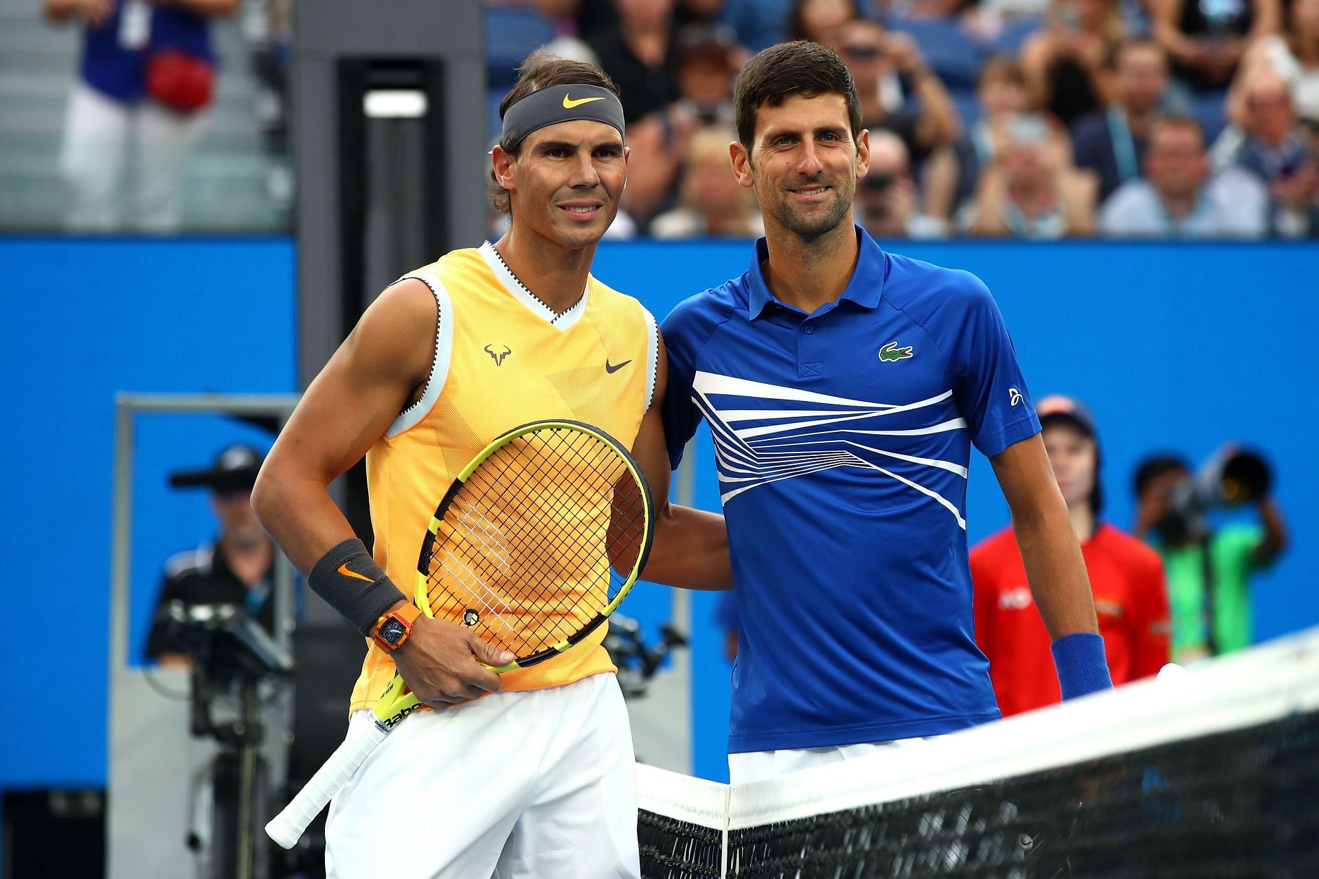 Rafael Nadal and Novak Djokovic pose before the 2019 Australian Open final