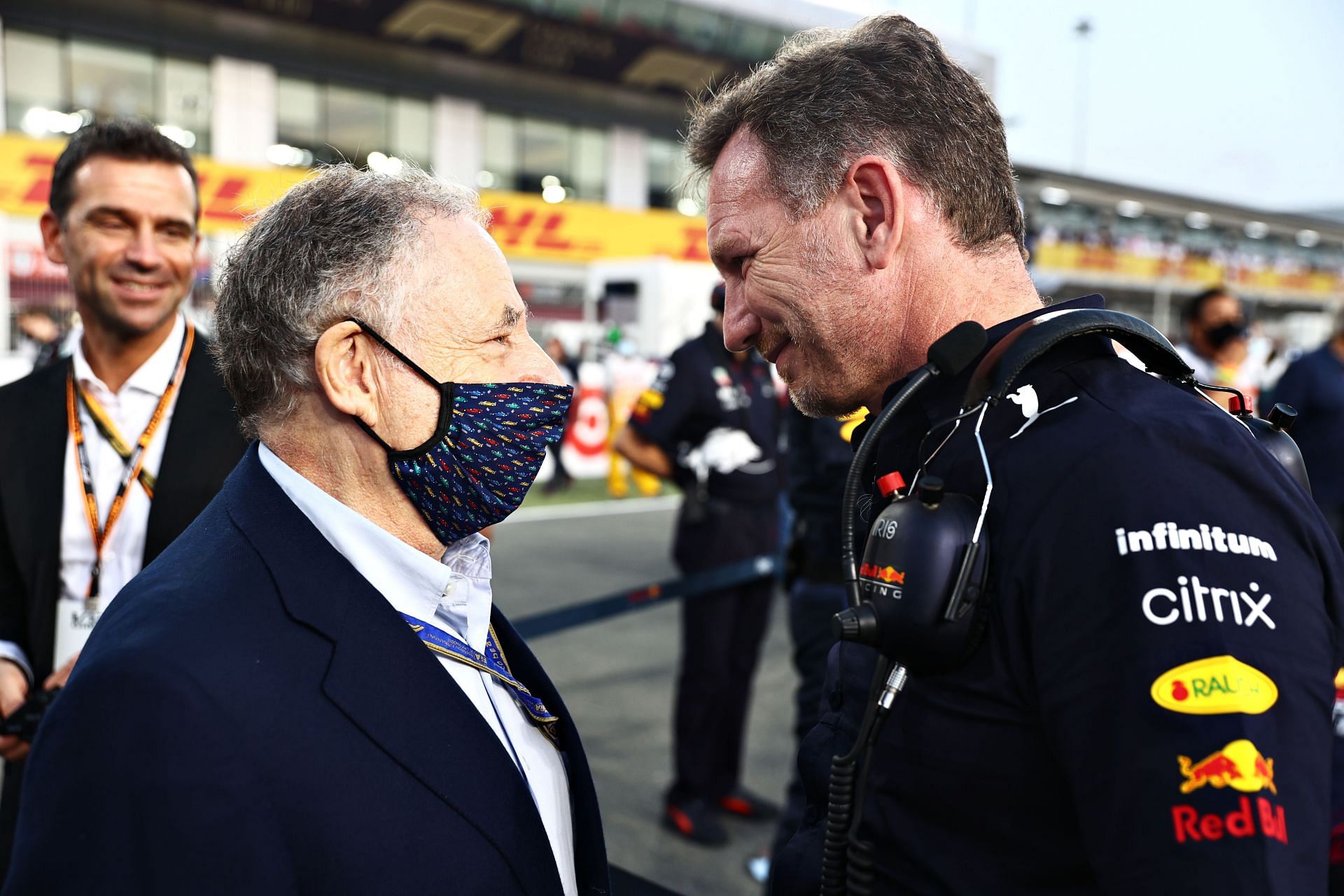 Red Bull team principal Christian Horner (right) with former FIA president Jean Todt (left) ahead of the 2021 Qatar Grand Prix