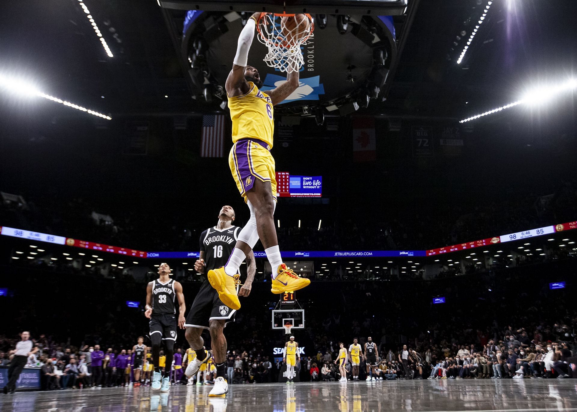 LeBron James #6 of the Los Angeles Lakers dunks against the Brooklyn Nets