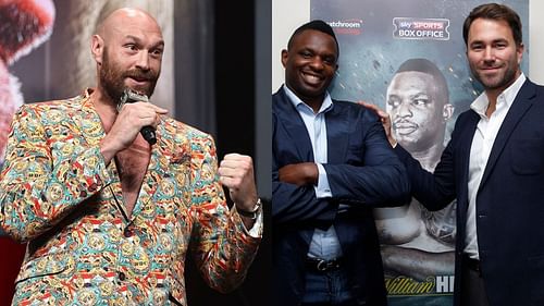 Tyson Fury (left) and Dillian Whyte with Eddie Hearn (right)