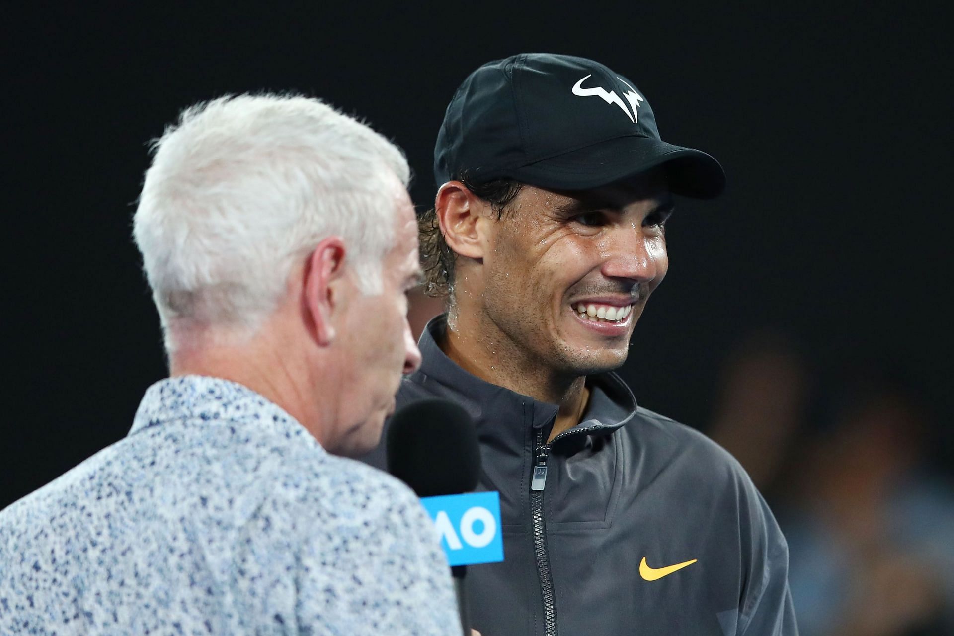 Rafael Nadal (R) during a post-match interview at the Australian Open.