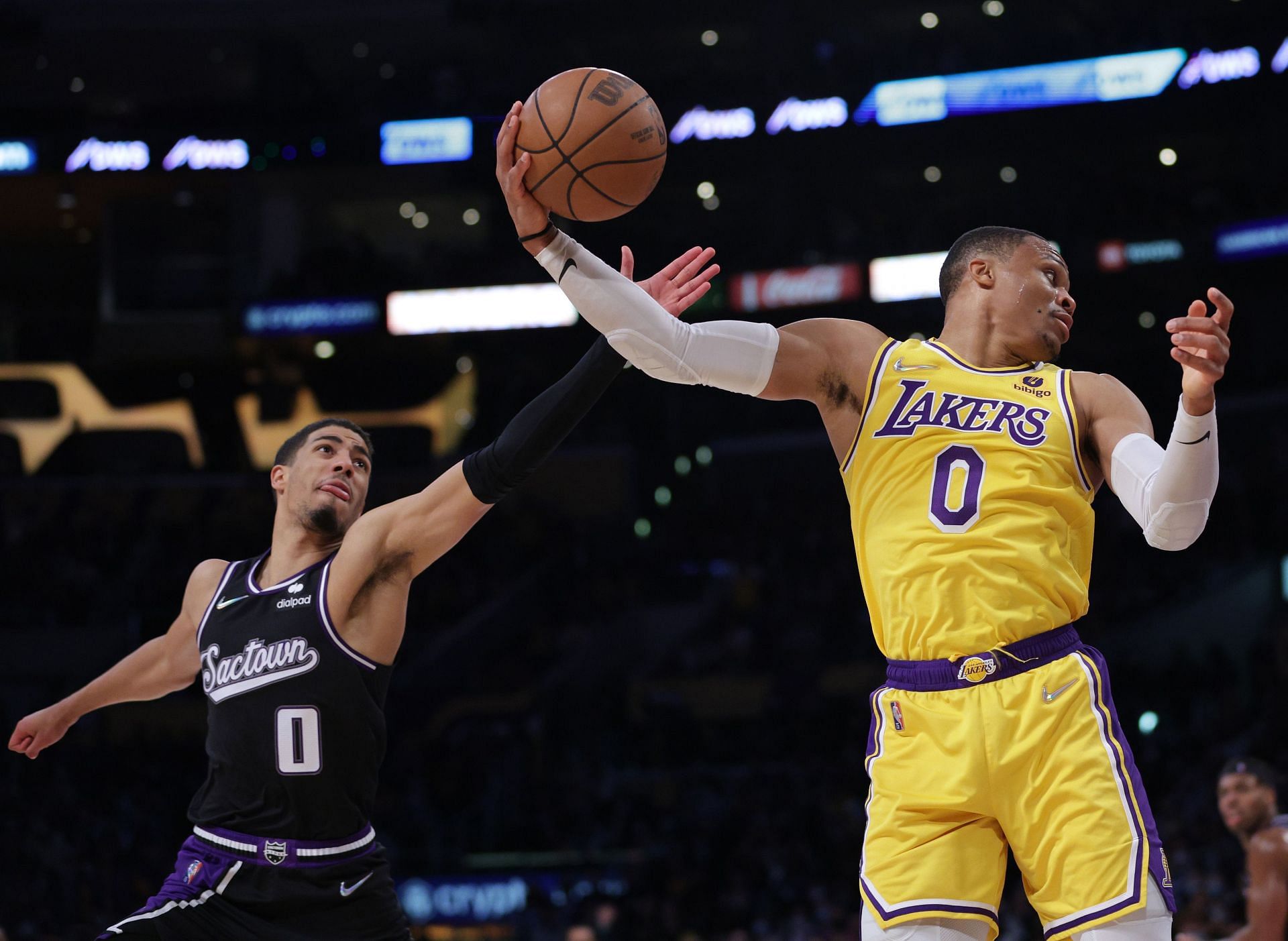 Russell Westbrook of the Los Angeles Lakers elevates against the Sacramento Kings