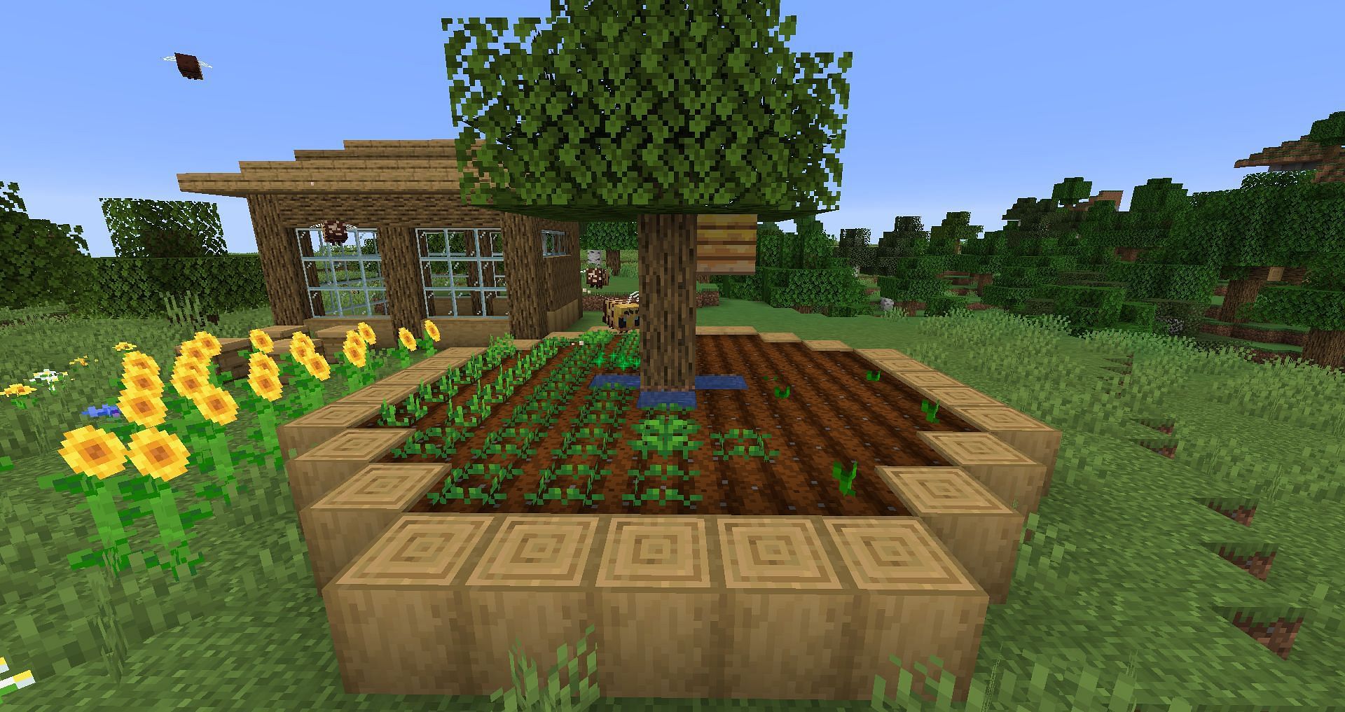 النحل يقوم بتخصيب النباتات في مزرعة (الصورة من Minecraft Wiki)