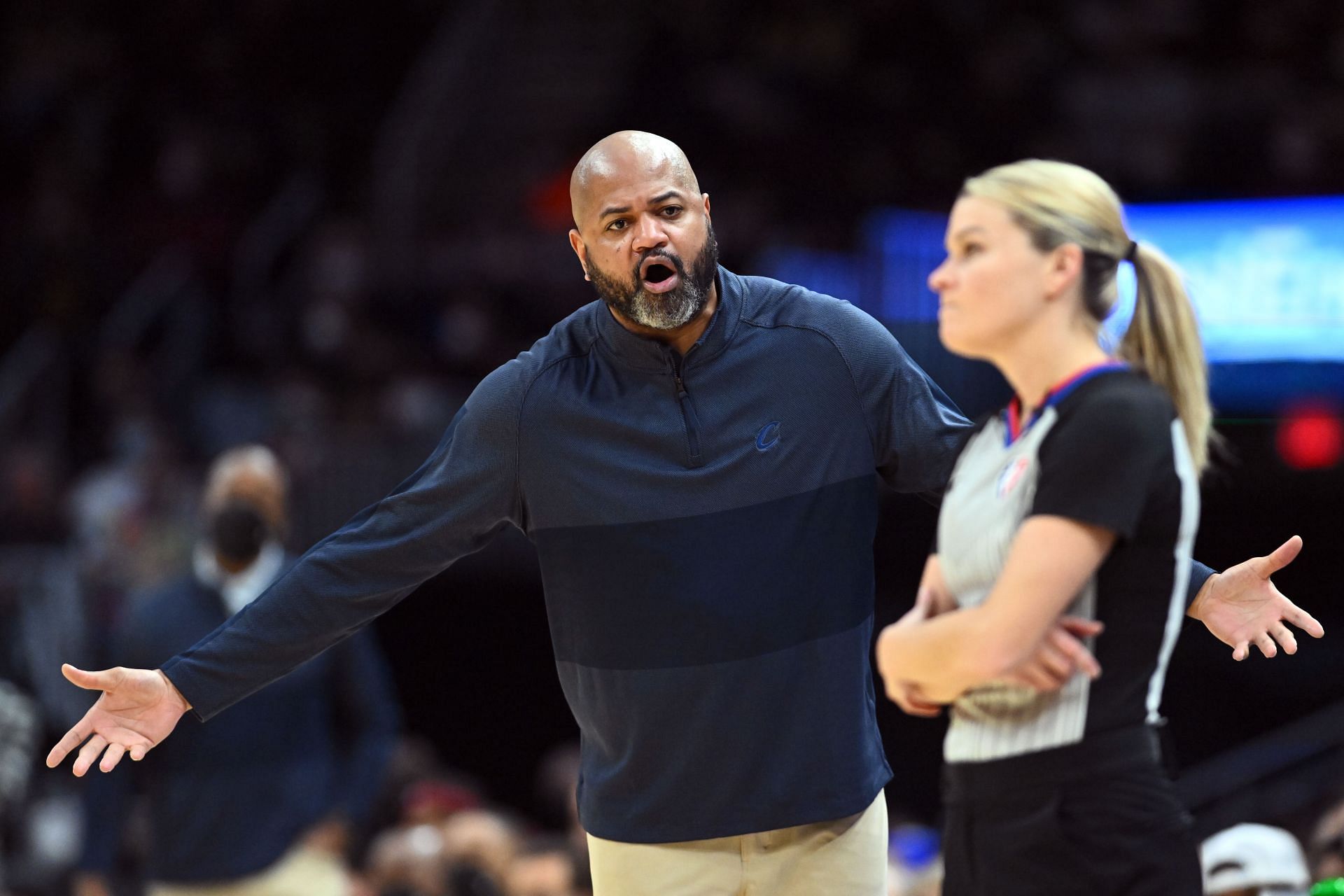 Cleveland Cavaliers coach J.B. Bickerstaff pleads his case to a referee.