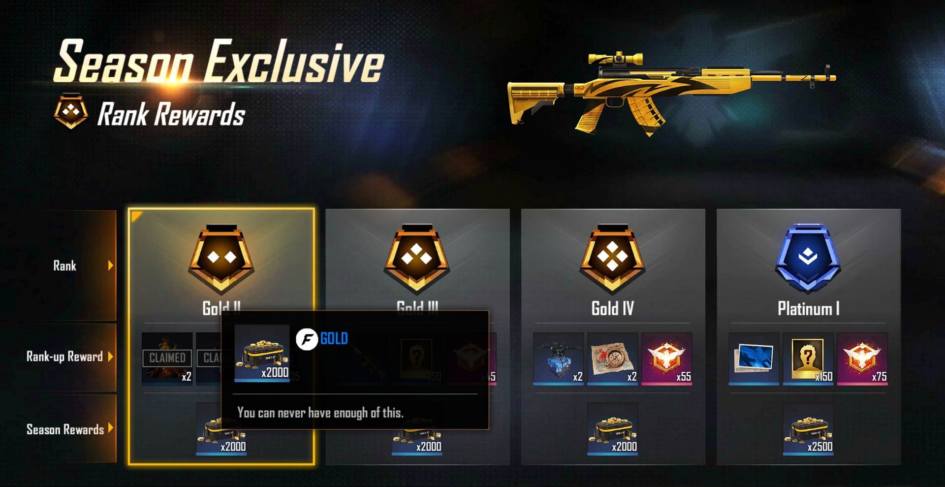 Gold is rewarded after the end of the ranked season (Image via Garena)