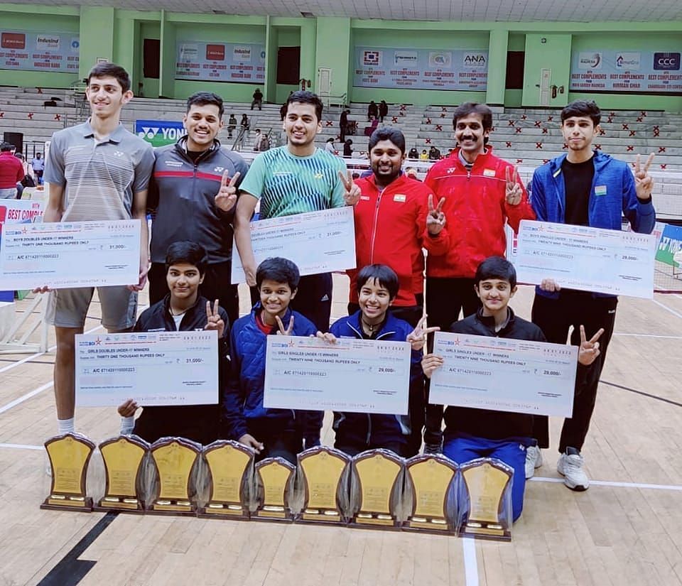 Winners of various categories pose with their trophies in Panchkula on Sunday