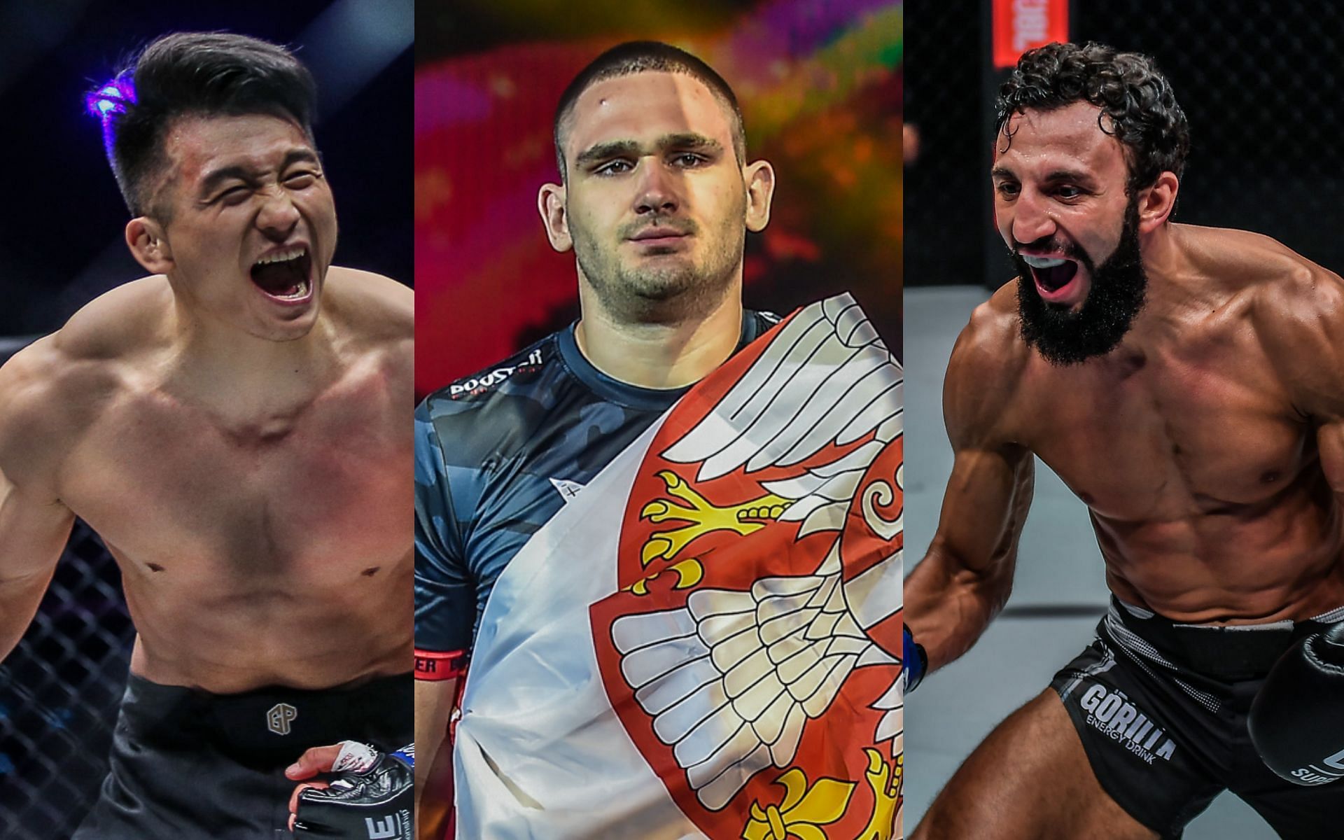 (From L-R) Zhang Lipeng, Rade Opacic and Chingiz Allazov bags the $50,000 bonus in ONE: Only The Brave | Photos: ONE Championship