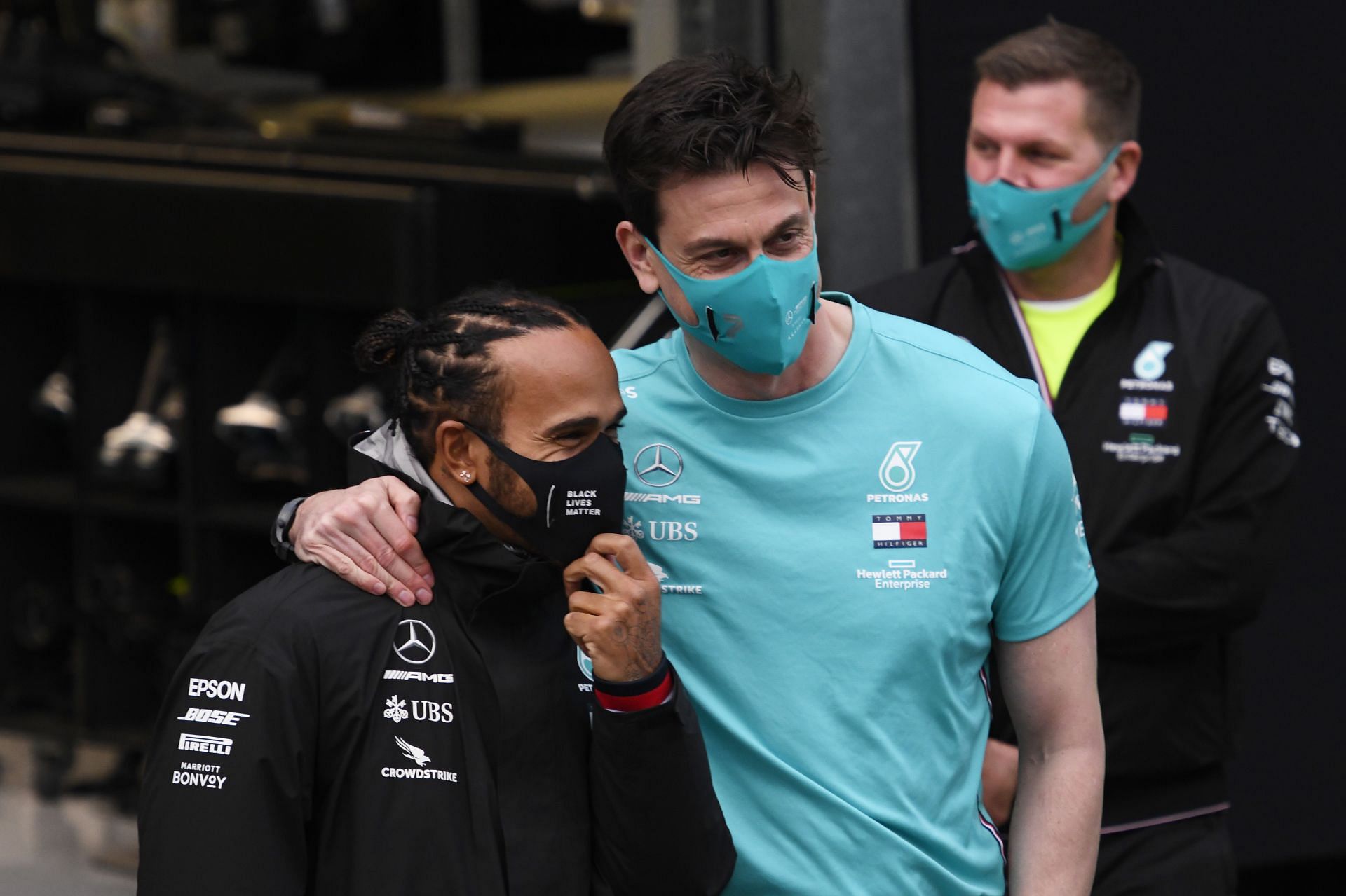 F1 Grand Prix of Turkey - Lewis Hamilton and Toto Wolff celebrate the Briton&#039;s victory.