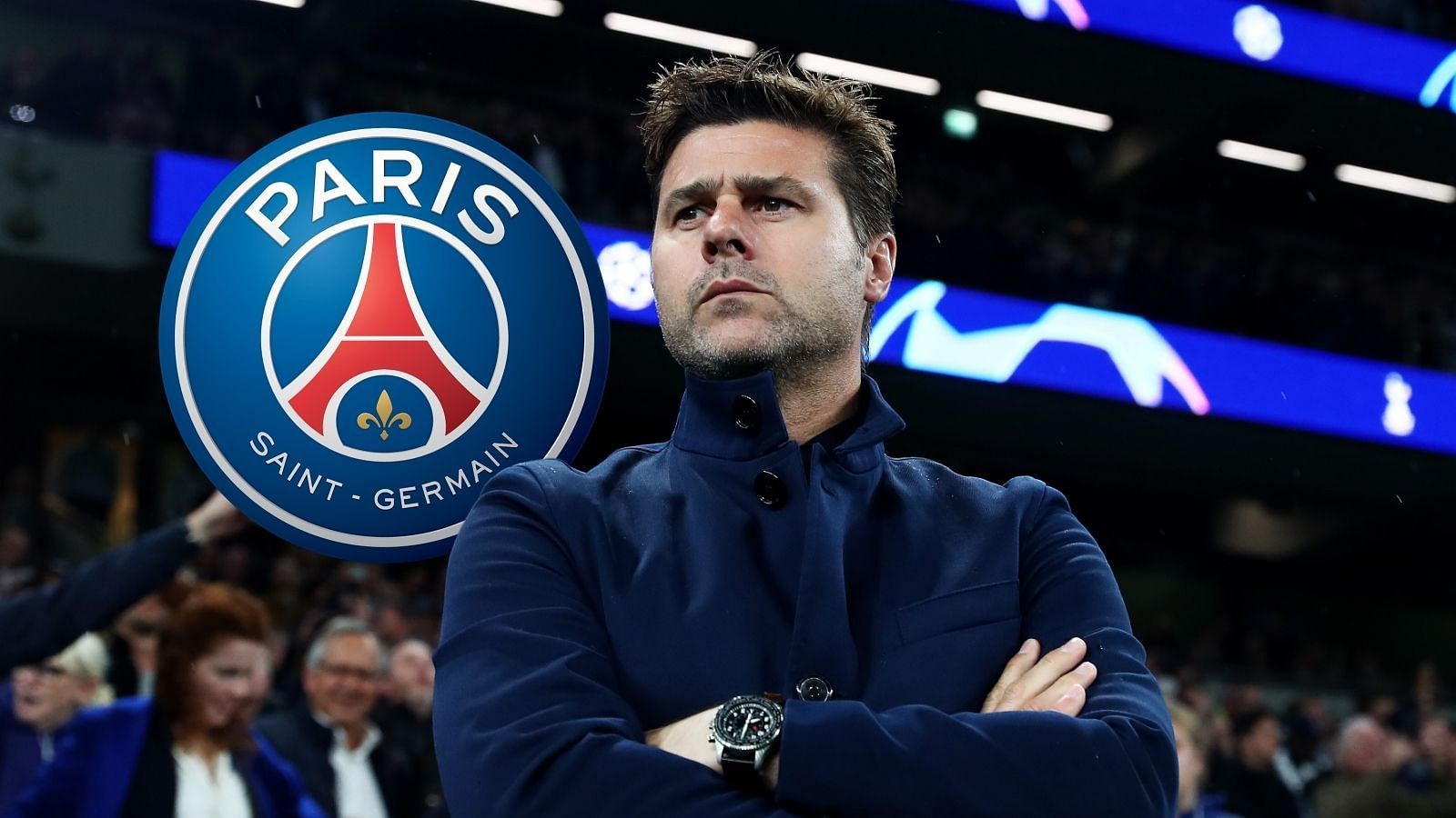 Mauricio Pochettino looks on from the touchline during a Champions League game with PSG.