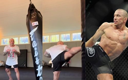 Joe Rogan kicking (left and middle) Georges St-Pierre (right) [Rogan Image courtesy @joerogan, on Instagram]