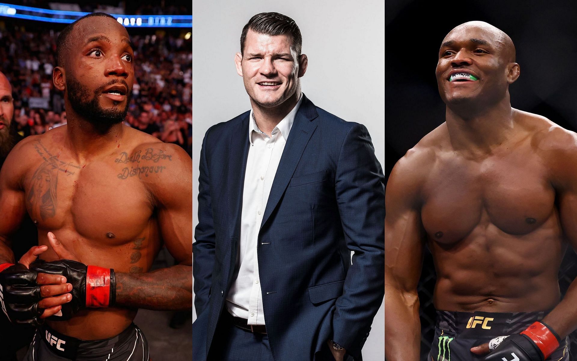 Leon Edwards (left), Michael Bisping (center) &amp; Kamaru Usman (right)