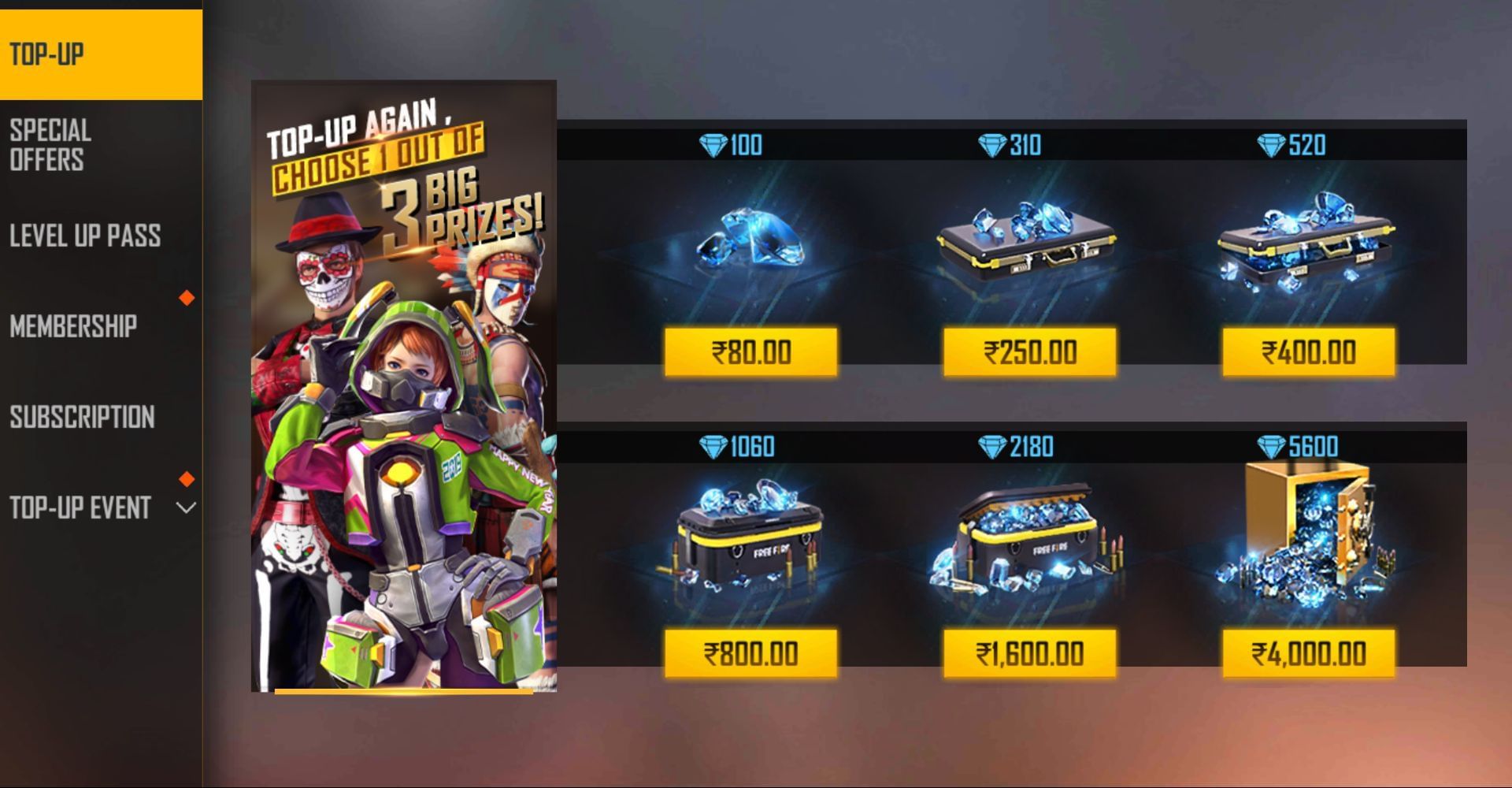 The in-game top-up center can be used to buy diamonds in Free Fire (Image via Garena)