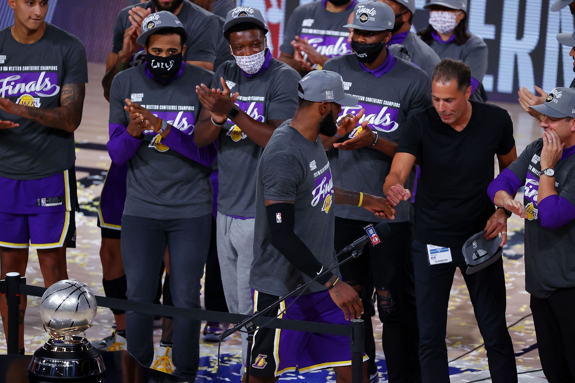 LeBron James and Rob Pelinka celebrate the LA Lakers winning Conference Finals against Denver Nuggets in NBA Playoffs 2020