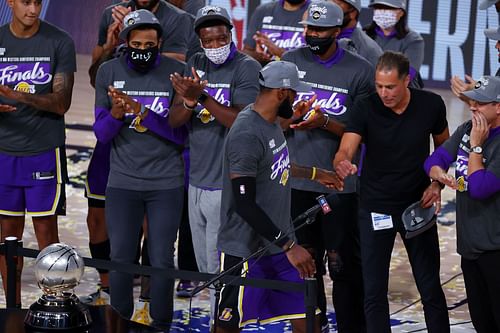 LeBron James and Rob Pelinka celebrate the LA Lakers winning Conference Finals against Denver Nuggets in NBA Playoffs 2020