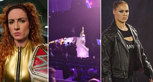 Becky Lynch reacts to WrestleMania 38 sign catching fire due to pyro after Ronda Rousey's win