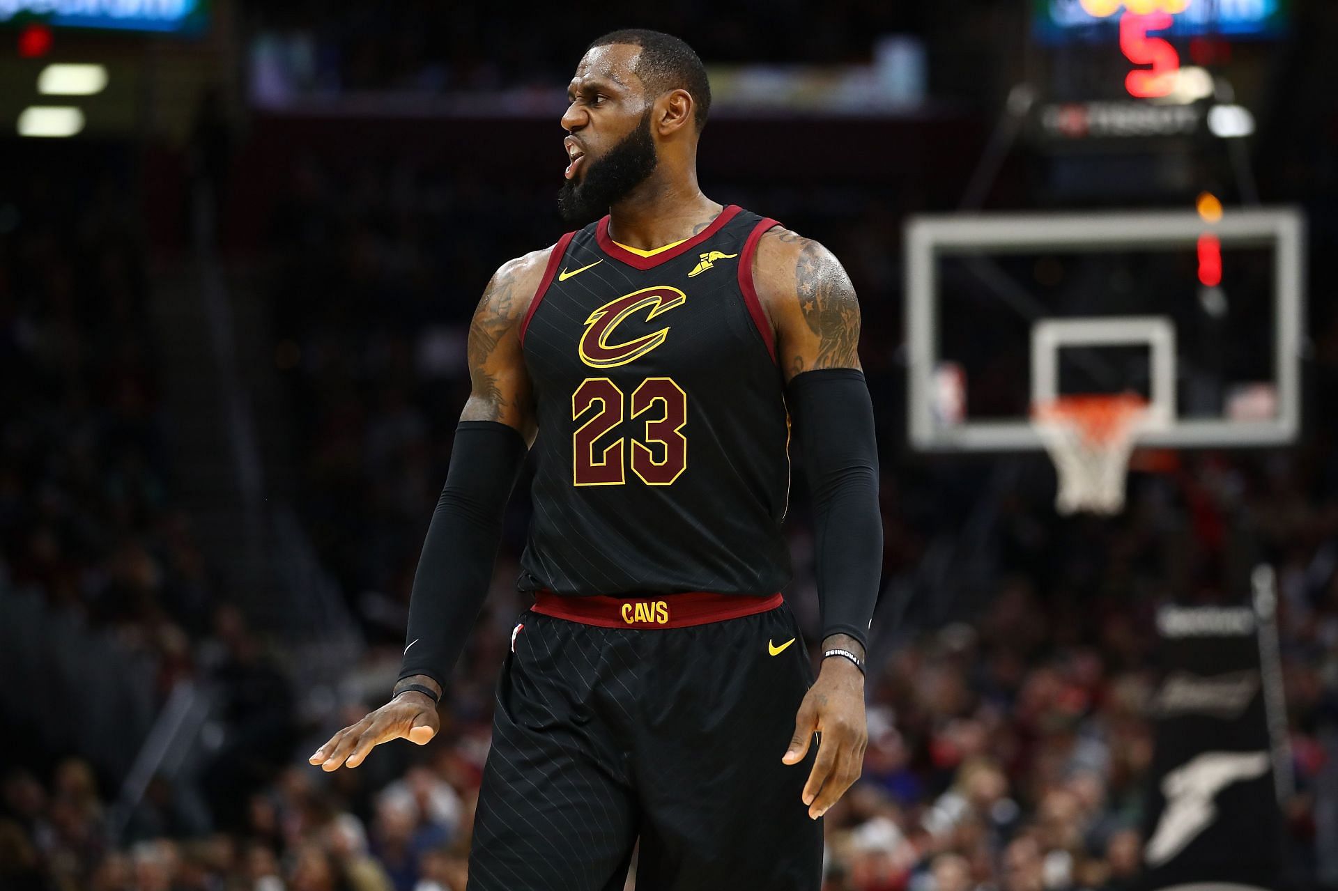 LeBron James #23 of the Cleveland Cavaliers looks on during the second half at Quicken Loans Arena on December 21, 2017 in Cleveland, Ohio.