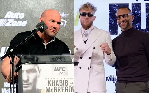 Dana White (left), Jake Paul (center) and Nakisa Bidarian (right)