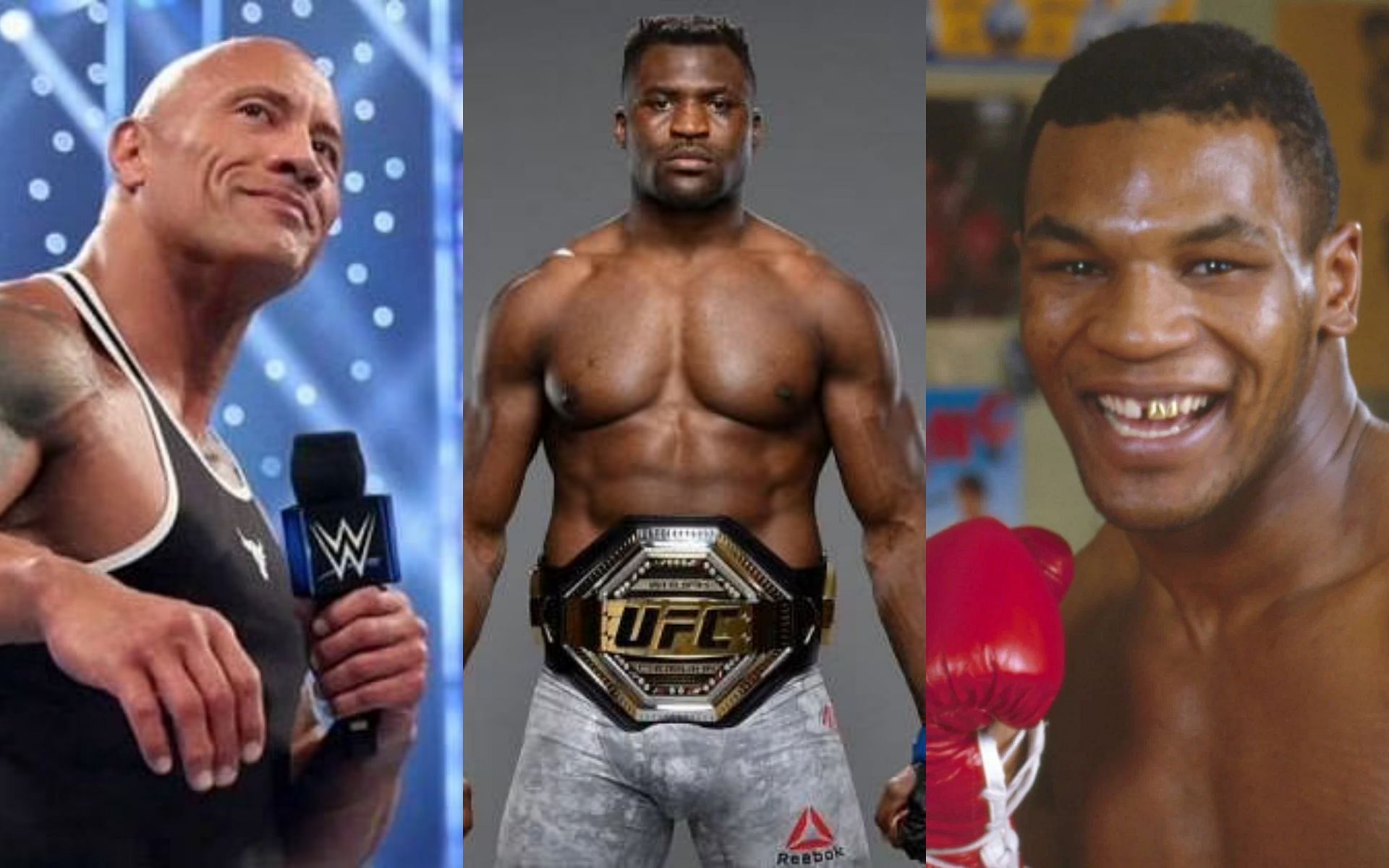 Dwayne Johnson, Francis Ngannou, and Mike Tyson (left to right)