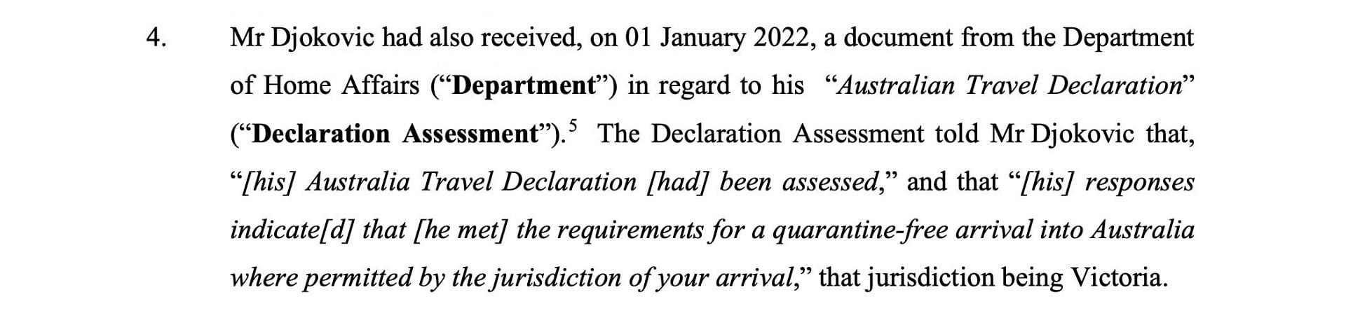 Screenshot of Djokovic&#039;s legal documents