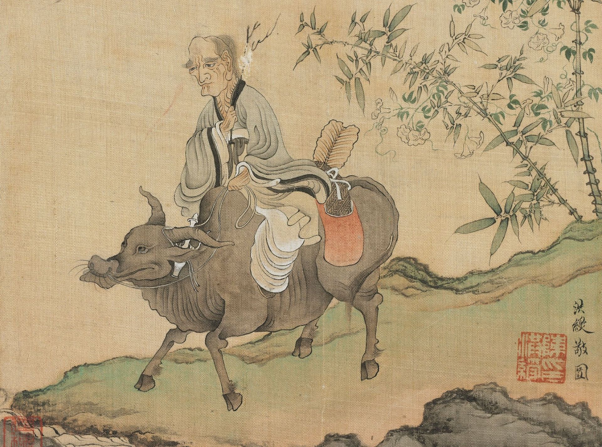 The Founder of Taoism, Laozi riding an ox (Painted by Chen Hongshou)