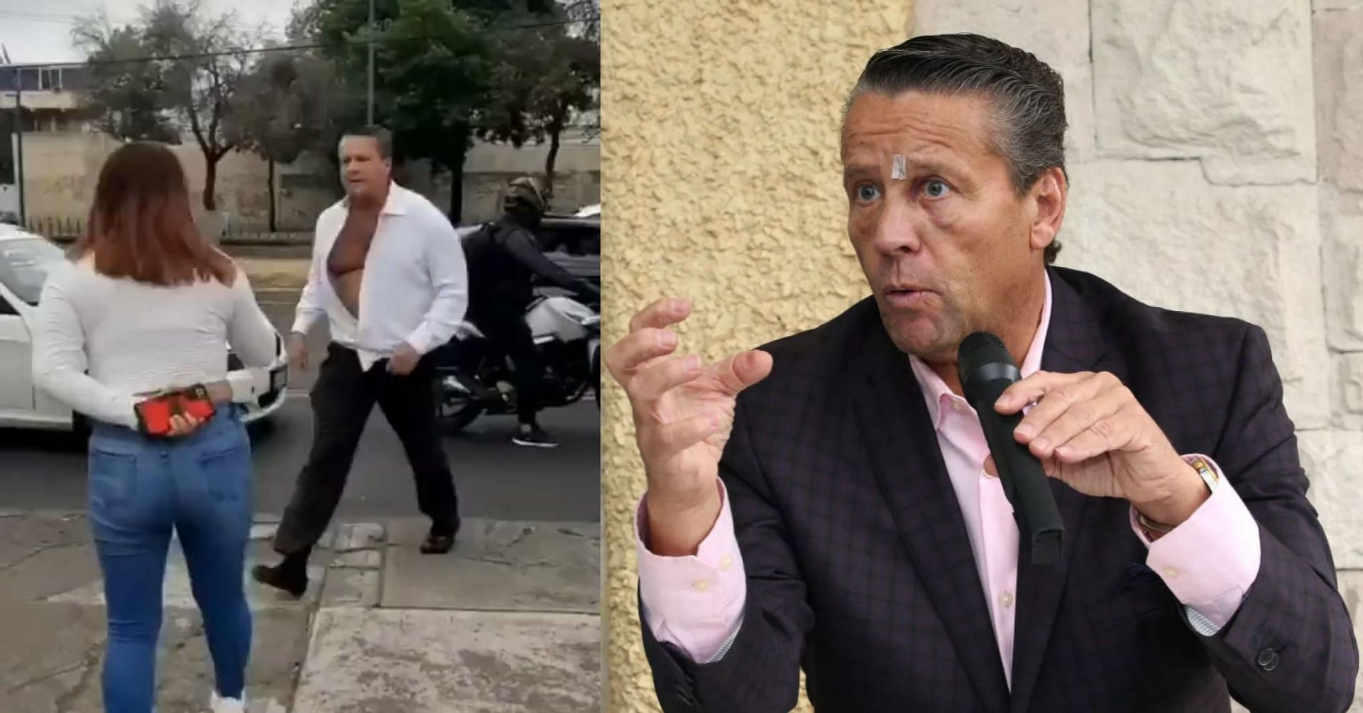 Adame in the viral &quot;street fight&quot; video (Image via pozainforma/Twitter, and Medios y Media/Getty Images)