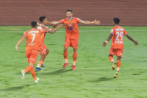 FC Goa players celebrate during their game against Chennaiyin FC. [Credits: ISL]