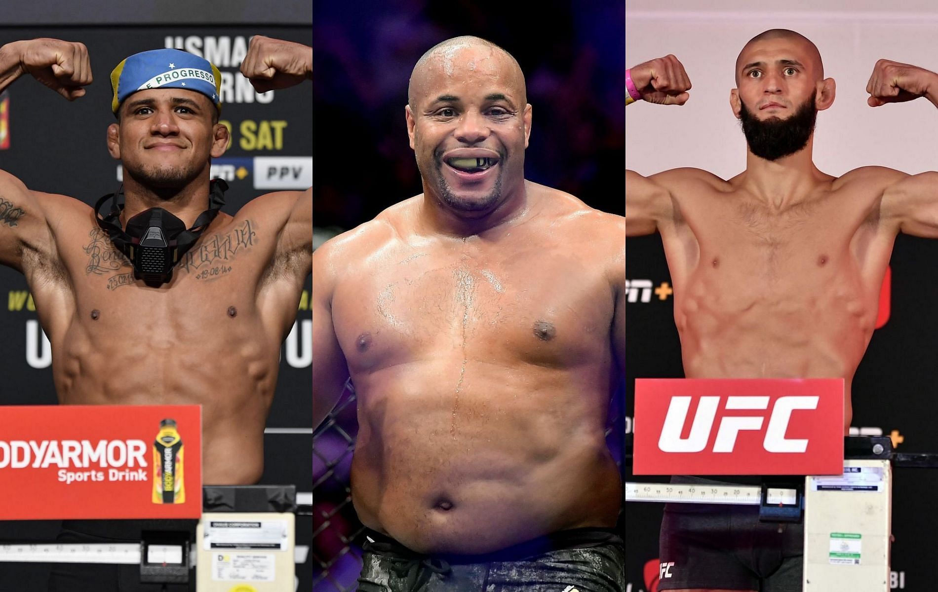 Gilbert Burns (left), Daniel Cormier (center) &amp; Khamzat Chimaev (right)