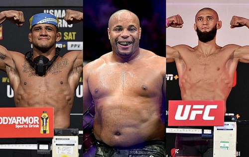 Gilbert Burns (left), Daniel Cormier (center) & Khamzat Chimaev (right)