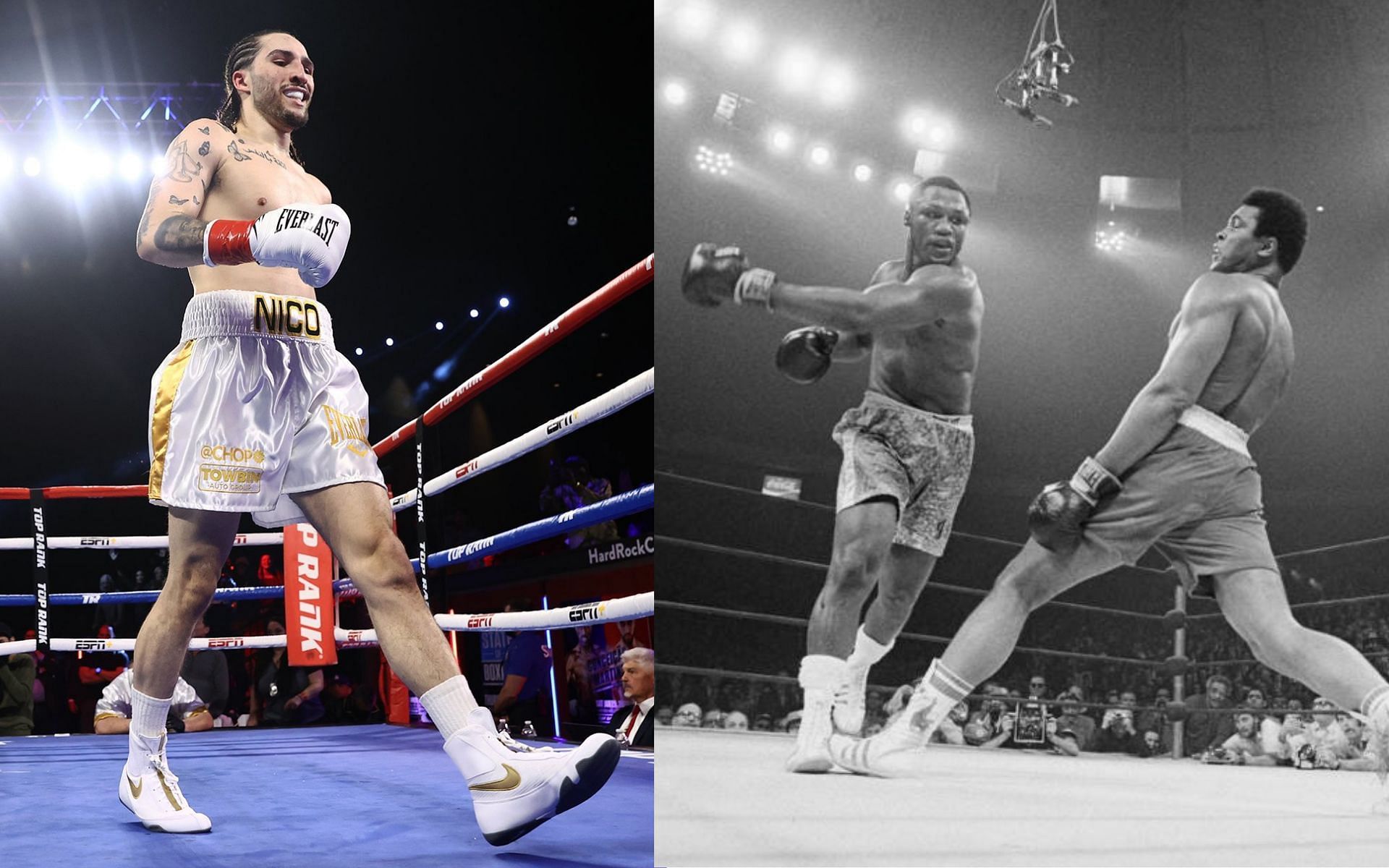 Nico Ali Walsh pulled off his grandfather Muhammad Ali&#039;s signature shuffle before knocking his opponent out. [Credits: @forbes, @NicoAliX74 via Twitter]