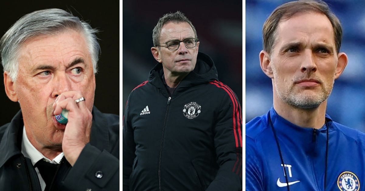 Real Madrid boss Carlo Ancelotti; Manchester United interim manager Ralf Rangnick; Chelsea manager Thomas Tuchel (from left to right)