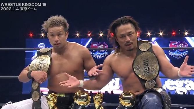Hirooki Goto and YOSHI-HASHI win the IWGP Tag Team Championships at Wrestle Kingdom 16