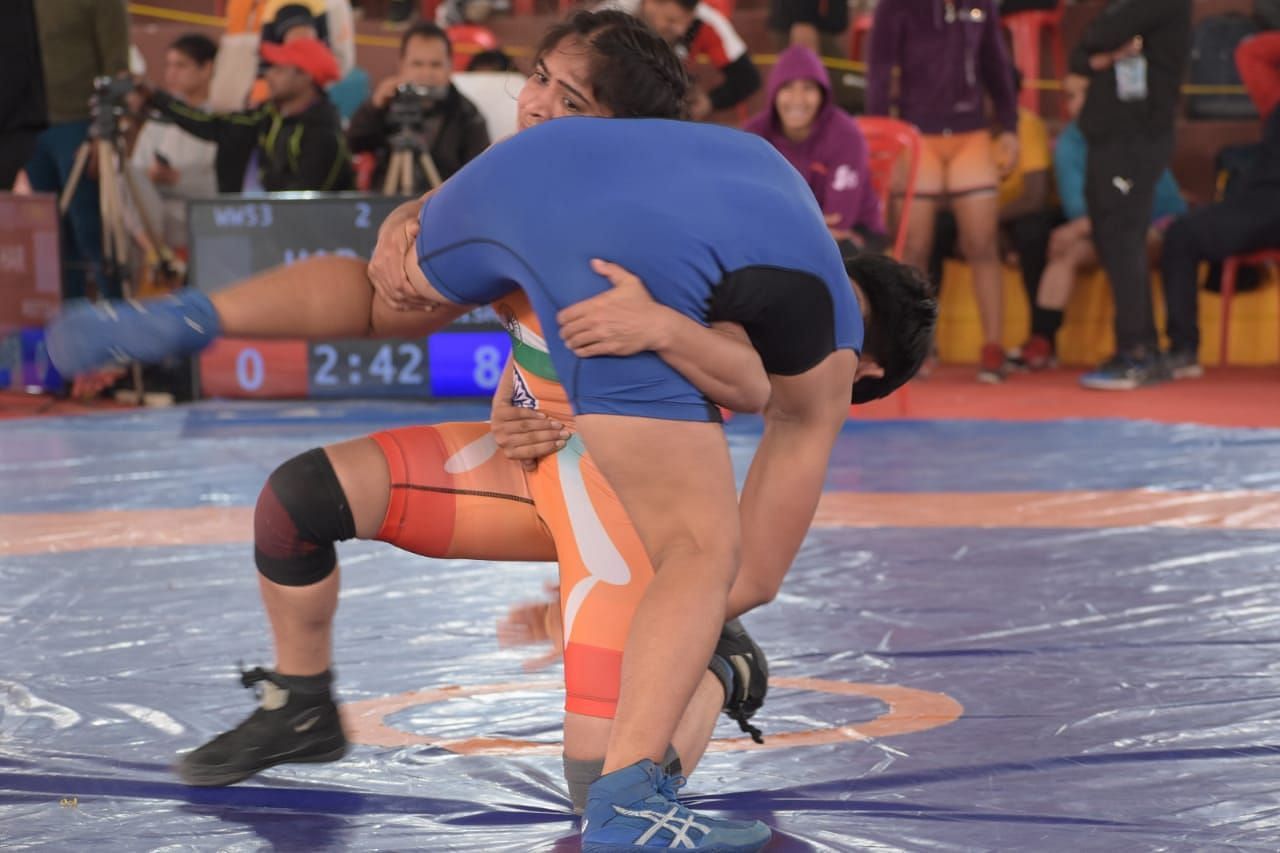 A bout in progress during the inaugural editon of National Ranking Wrestling Tournament in Gonda.. (Photo credits WFI)