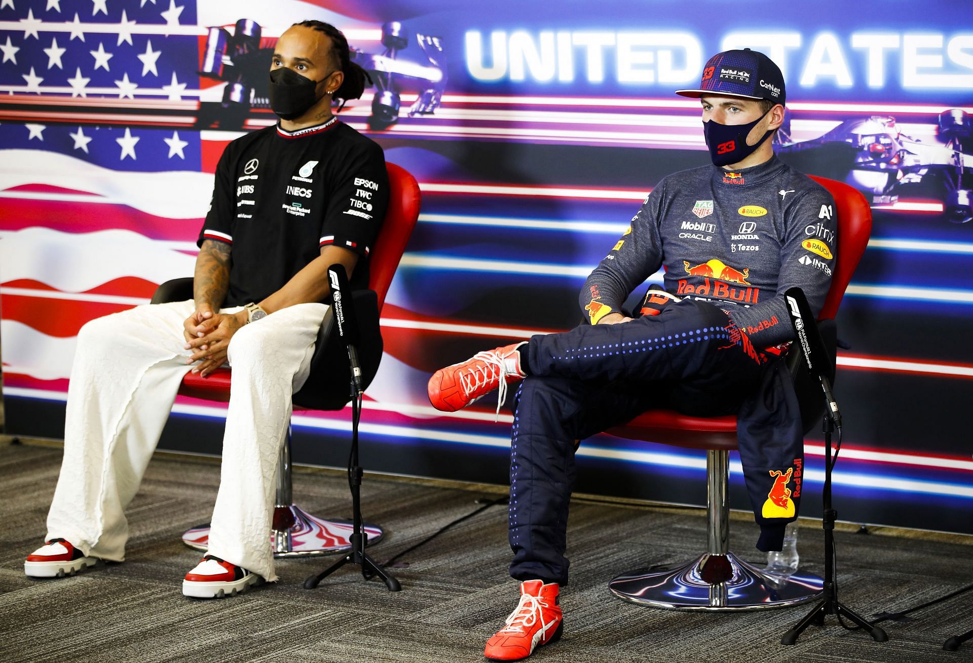 Lewis Hamilton (left) and Max Verstappen (right) at the Circuit of the Americas (Photo by Zak Mauger - Pool/Getty Images)