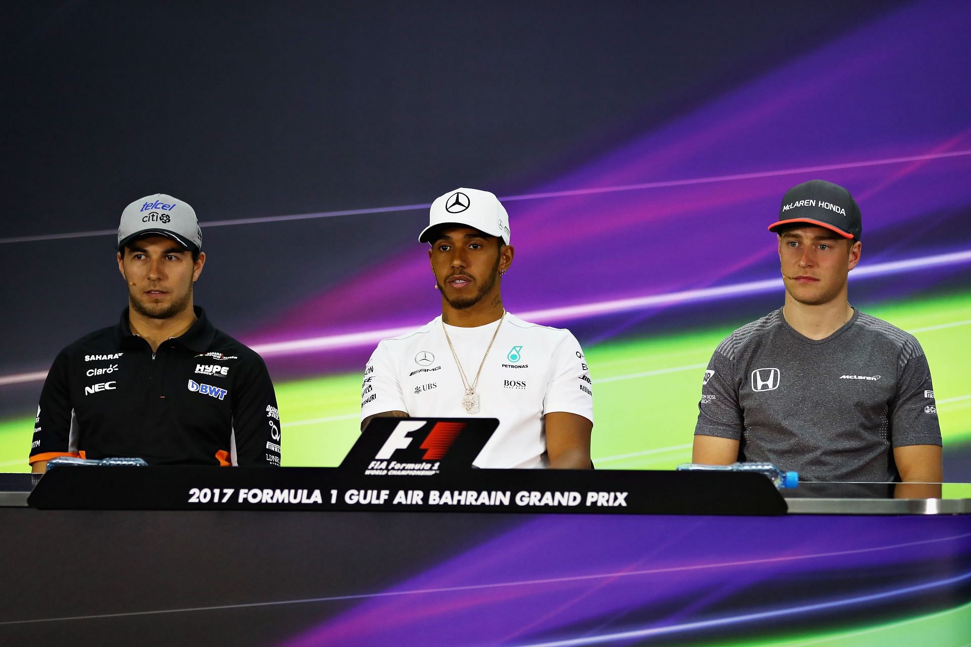 F1 Grand Prix of Bahrain - Lewis Hamilton and Stoffel Vandoorne talk to the press