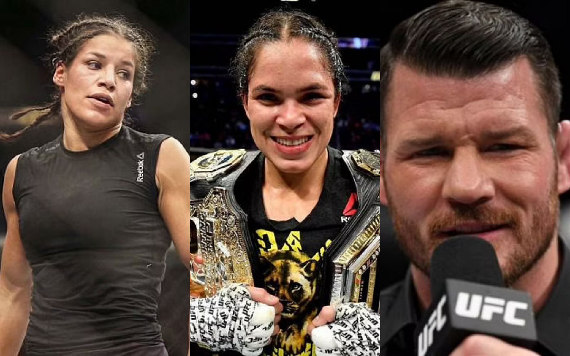 Julianna Pena, Amanda Nunes, and Michael Bisping (left to right)