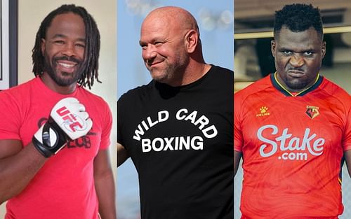 (L to R) Rashad Evans via Instagram @sugarashadevans, Dana White via Getty and Francis Ngannou via Instagram @francisngannou