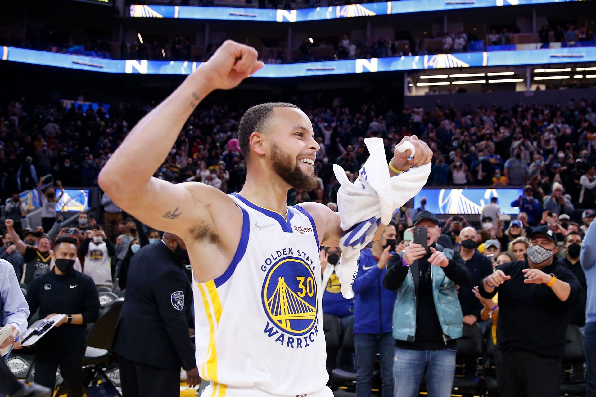 Curry celebrates after a win against the Houston Rockets.