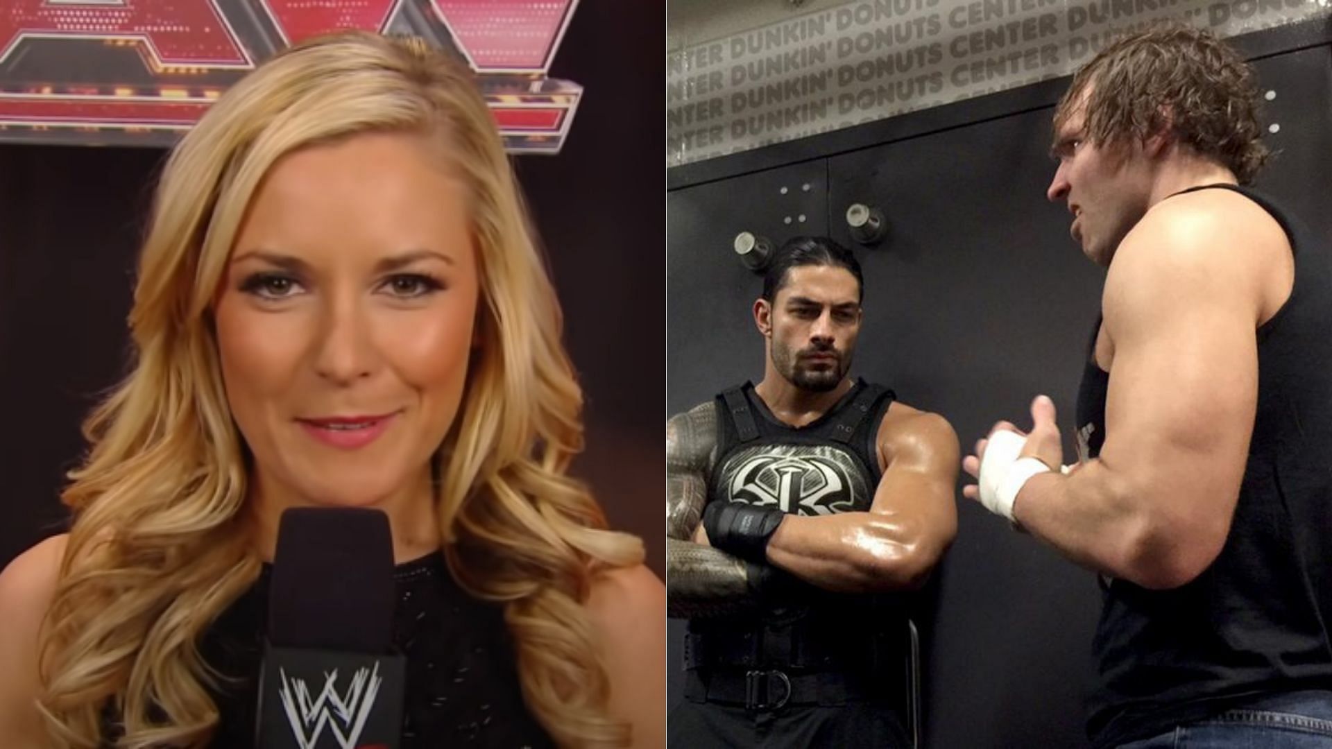 Renee Paquette (left); Roman Reigns and Jon Moxley (right)