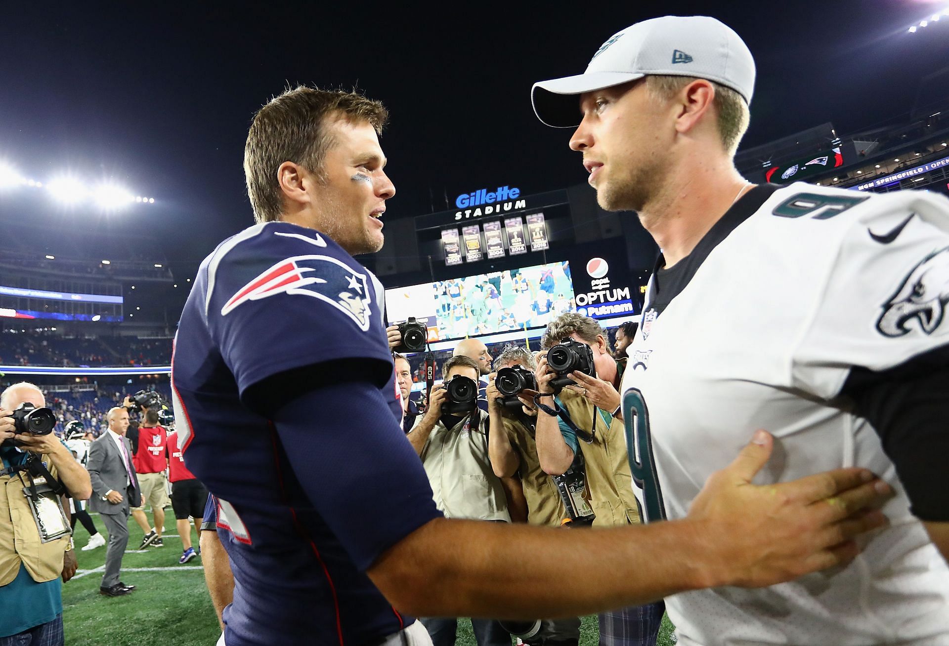 Tom Brady and Nick Foles after Super Bowl LII