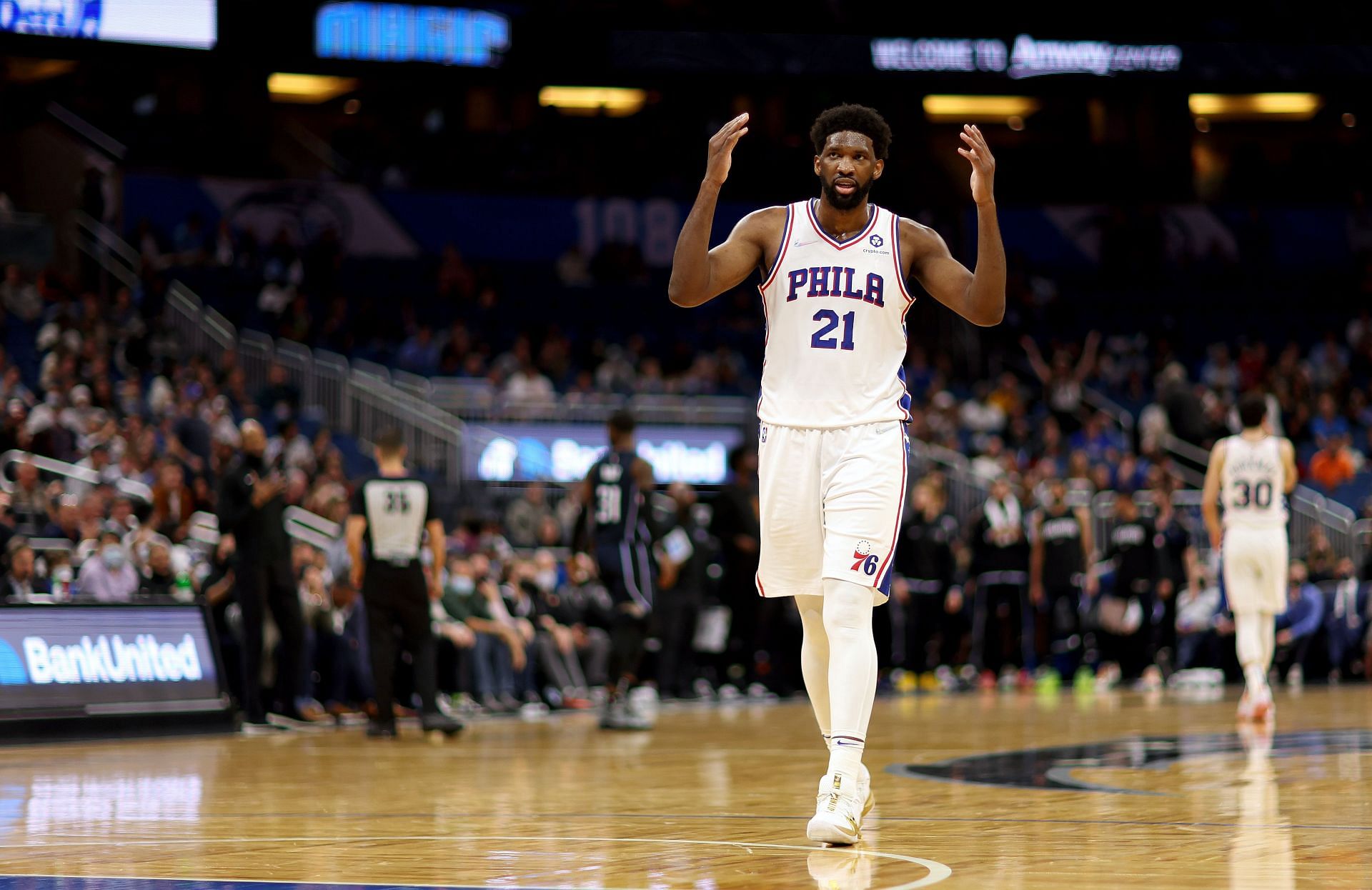 Joel Embiid of the Philadelphia 76ers reacts after a play.