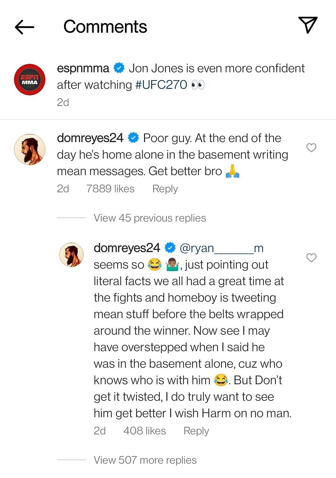 Screenshot of Dominick Reyes' comment and reply from the Insta pic