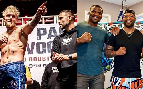 Jake Paul with his business partner Nakisa Bidarian (left: Image Credit: @bavafasports on Instagram) and Francis Ngannou with his manager Marquel Martin (right; Photo courtesy: @marquel_martin on Insta)