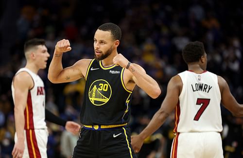 Steph Curry in action during Miami Heat v Golden State Warriors