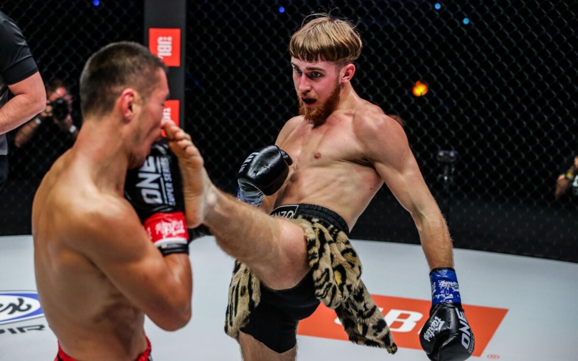 ONE Championship featherweight kickboxer Dovydas Rimkus (right) is a sight to behold every time he enters the Circle. (Image courtesy of ONE Championship)
