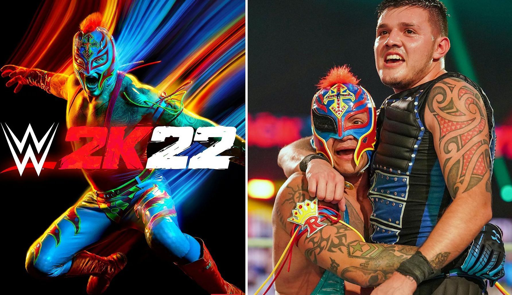 Rey Mysterio on the WWE 2K22 cover; Dominik with his father, Rey Mysterio