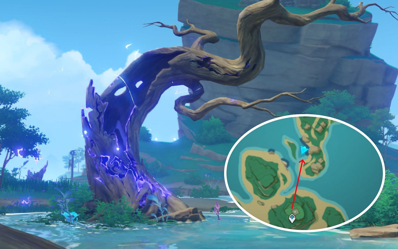 The second tree&#039;s location, along with a map of where to find it (Image via Genshin Impact)