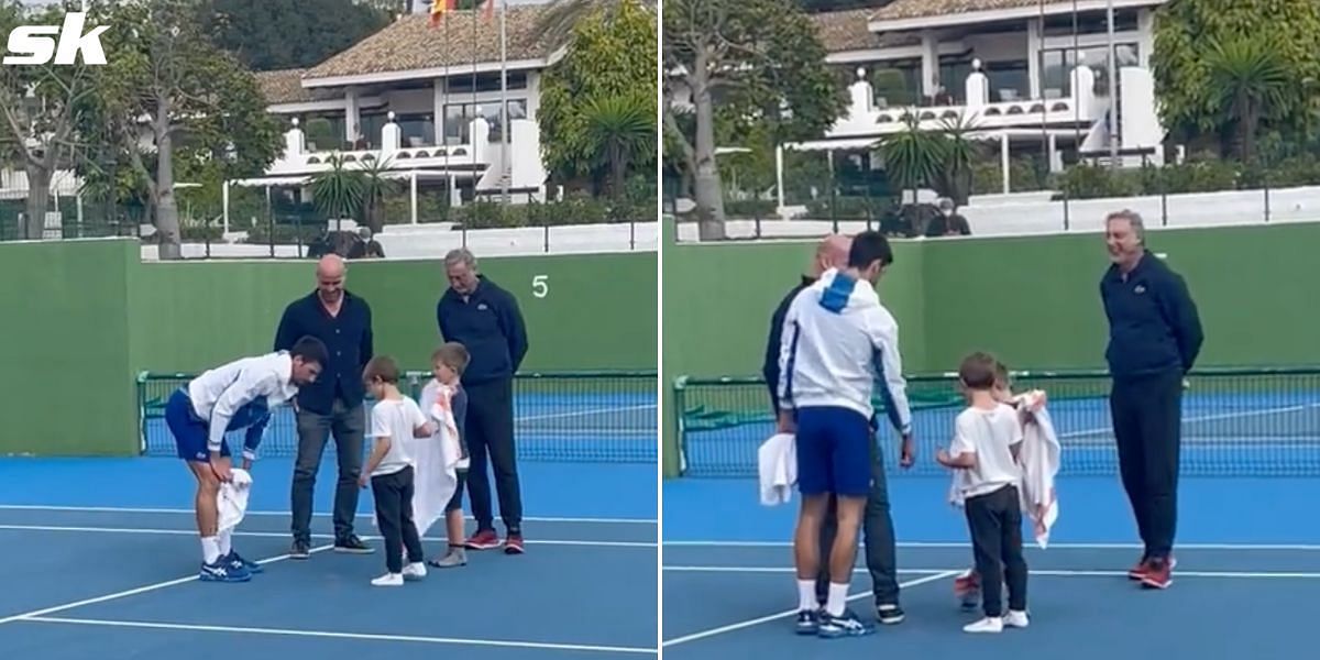 Novak Djokovic was spotted helping his son and his friend cleaning up after a practice session